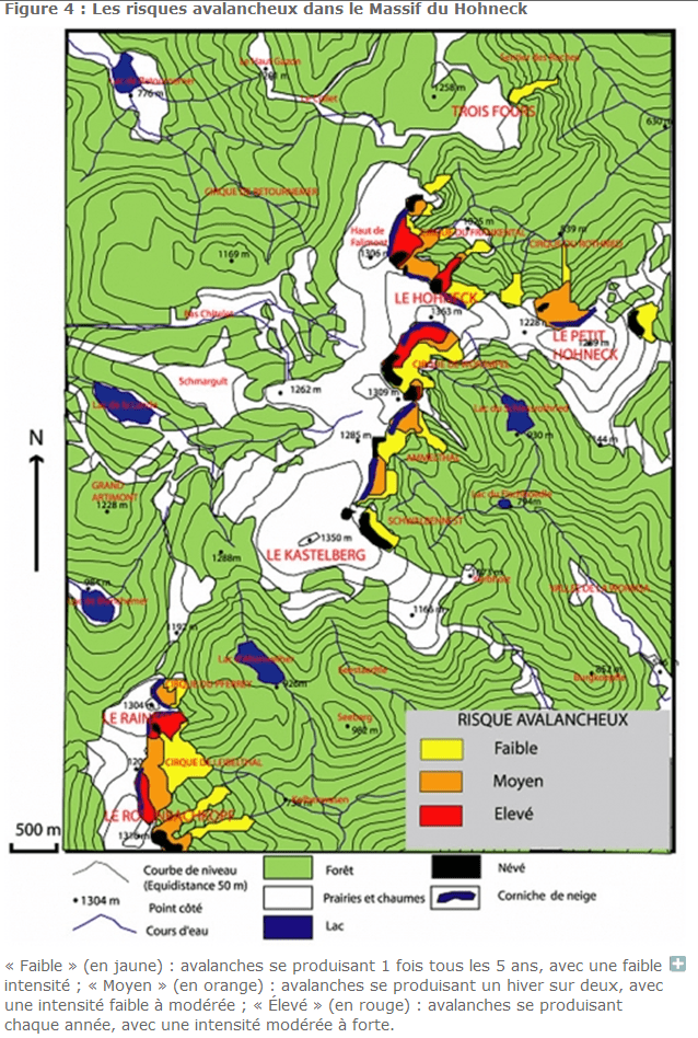 Overzicht lawinegevoelige plaatsen in de Vogezen (bron:  http://rge.revues.org/1533). 